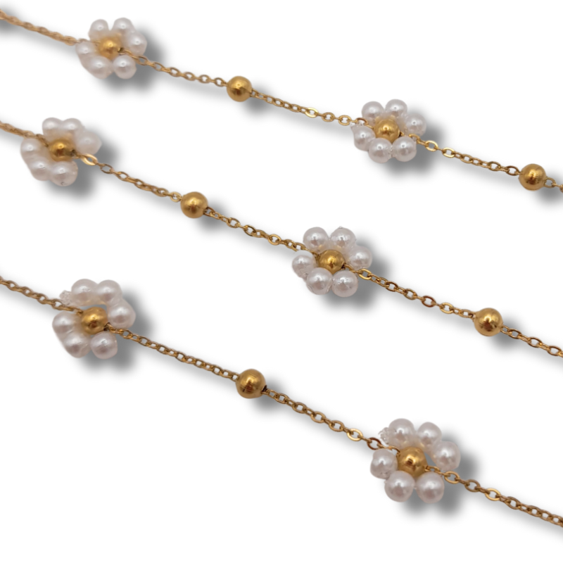 catena fiori di perle in acciaio 2.5mm oro bianco 50cm