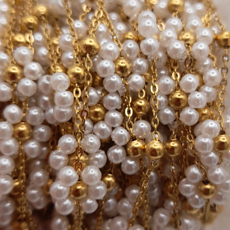 catena fiori di perle in acciaio 2.5mm oro bianco 50cm
