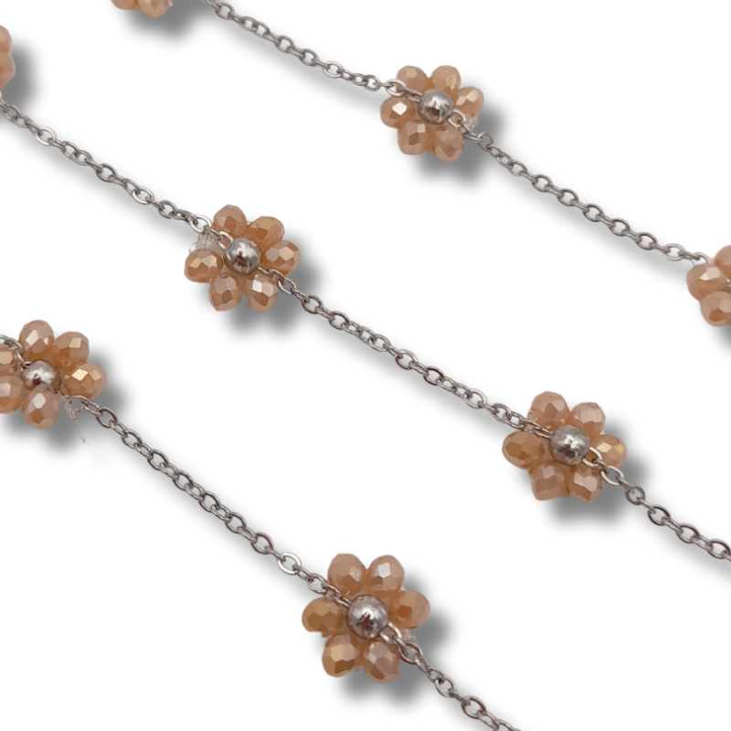 catena fiori di perline in acciaio 3.5mm argento beige 50cm