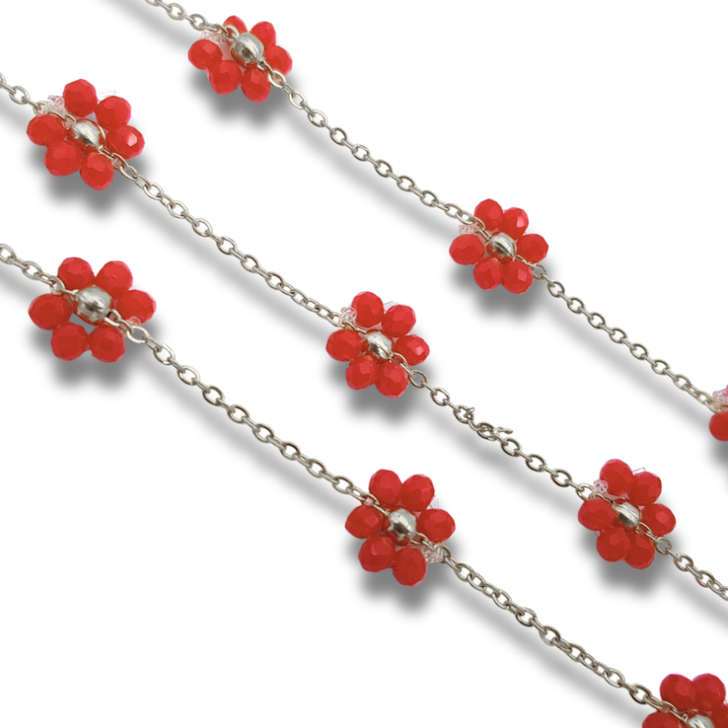 catena fiori di perline in acciaio 3.5mm Argento Rosso 50cm