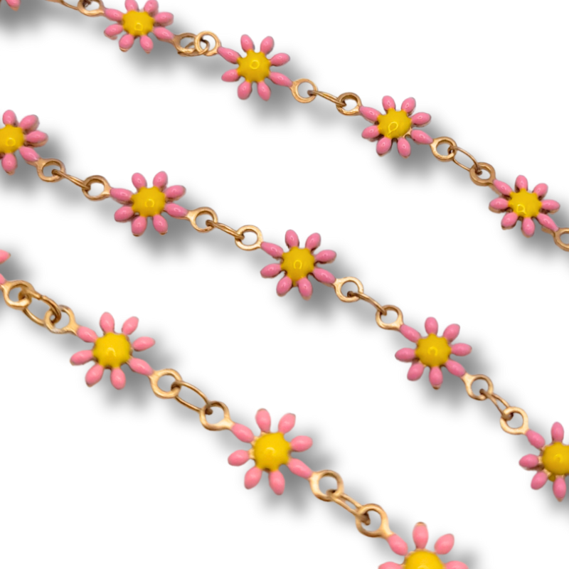 catena margherite in acciaio 5mm rosa giallo 50cm