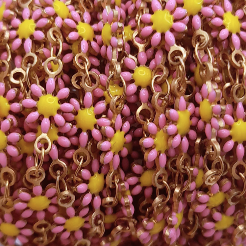 catena margherite in acciaio 5mm rosa giallo 50cm